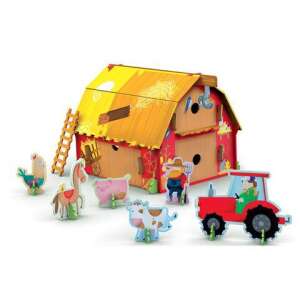 Set de puzzle 3D fermă, asamblat, arătând grajdul, animalele, tractorul și fermierul - Puzzle 3D