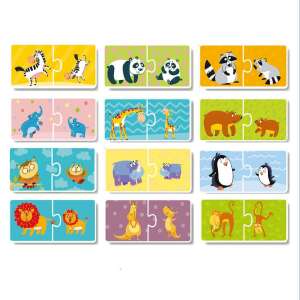 Dodo Duo Puzzle Mothers and Babies - 12 animal puzzles for kids, featuring a zebra, panda, raccoon, elephant, giraffe, bear, owl, hippo, penguin, lion, kangaroo, and monkey - Dodo Puzzle