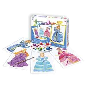 Aquarellum Junior Printese watercolor painting set for kids, featuring 4 princess designs, 5 colors, brush, palette, and pipette - Activity Book, Coloring
