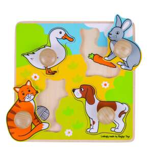 Első rejtvényem - Háziállatok wooden puzzle with 4 pieces, featuring a duck, a rabbit, a cat, and a dog - Baby Puzzle
