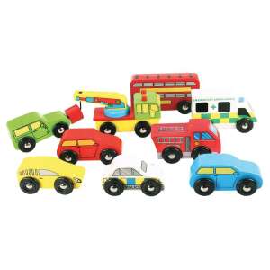 Bigjigs Toys Vehicle Pack, set of 9 wooden toy vehicles including ambulance, bus, fire truck, police car, tow truck, and more - Kids's play car
