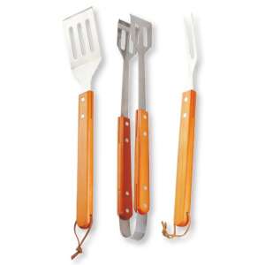 Set de ustensile pentru grătar Fieldmann FZG 9018, set de 3 piese cu spatulă, clește și furculiță, din oțel inoxidabil cu mânere din lemn - Grătar de grădină, unelte de gătit