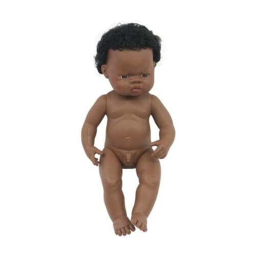 Lalka chłopiec afrykański Miniland, 38 cm, czarna lalka dla niemowląt z kręconymi włosami, realistyczne cechy, winyl, nadaje się do prania, kąpieli