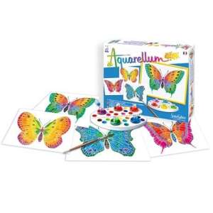 Aquarellum Junior Fluturi painting set for kids, showing the contents of the box: 4 butterfly designs, 5 colors, brush, palette, and pipette - Activity Book, Coloring