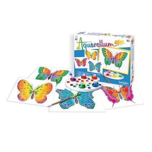 Aquarellum Junior Fluturi painting set for kids, showing the contents of the box: 4 butterfly designs, 5 colors, brush, palette, and pipette