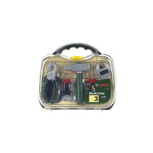 Bosch Work-Case 3 toy tool set for kids, includes hammer, screwdriver, wrench, pliers, saw, and screws - DIY Craft Kit