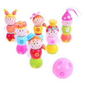 Set de bowling Bigjigs 1008645 Fairy Bowling, 7 piese din lemn pentru bowling pentru copii, include 6 pini cu zâne și 1 minge - Jocuri de îndemânare în aer liber