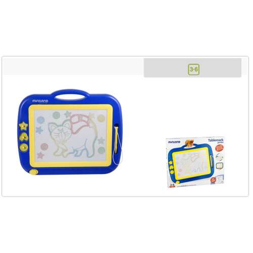 Miniland Jumbo Tablemark drawing board for kids, blue and yellow, with a cat drawing on the screen