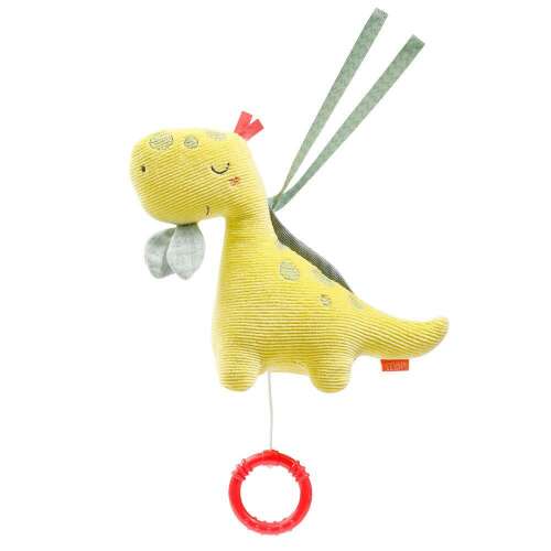 Fehn musical dinosaur toy for babies, yellow plush dinosaur with a red ring, hanging from a crib
