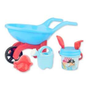 Blue plastic wheelbarrow with pirate themed bucket, shovel, watering can and mold, sandbox toys for kids - Beach Item