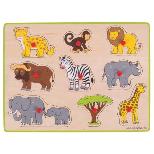 Safari animal wooden puzzle for kids, featuring lion, monkey, giraffe, zebra, elephant, rhino, leopard, buffalo, and tree