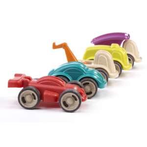 Miniland ECO Minimobil 5-piece toy car set, featuring a red race car, a green car, a yellow car, a beige car with a crane, and a purple truck - Kids's play car