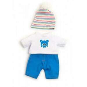Baby doll winter clothing set, 21 cm doll clothes, white shirt, blue pants, striped hat - Miniland