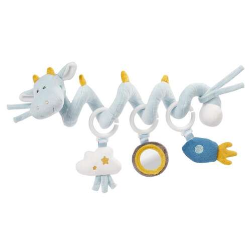 Fehn baby spiral toy with dragon, cloud, mirror and rocket, blue and yellow colors