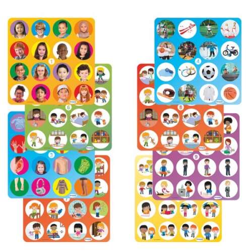 Values memory game board with colorful cards, featuring pictures of children and activities