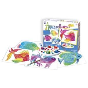Aquarellum Junior painting set with 4 fish designs, 5 washable paints, brush, palette, and pipette - Activity Book, Coloring