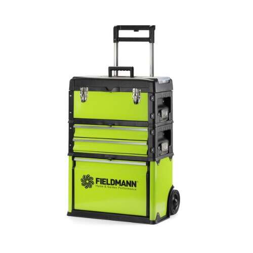 Fieldmann FDN 4150 metal rolling toolbox, green, three-piece, with wheels and telescopic handle