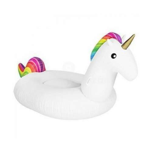 Óriási felfújható unikornis úszógumi, fehér szivárványos sörénnyel és farokkal
