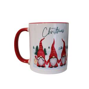 Karácsonyi manós bögre, piros füllel, 3 manó, fehér háttér - Nonbrand Bögre