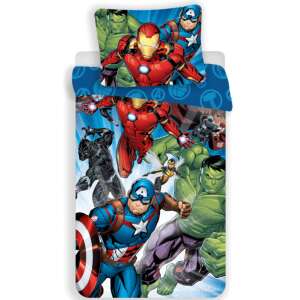 Avengers duvet cover with Iron Man, Captain America, Hulk, Black Panther, and Thor on a blue background - Bedding - Youth and Adult