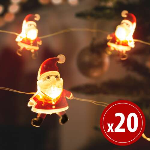 20 LED-es Mikulás karácsonyi fényfüzér, melegfehér, 2,2m hosszú, elemes