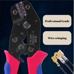 Professional grade wire crimping pliers with red and blue handles, 300 connectors, and transparent protection - Pliers