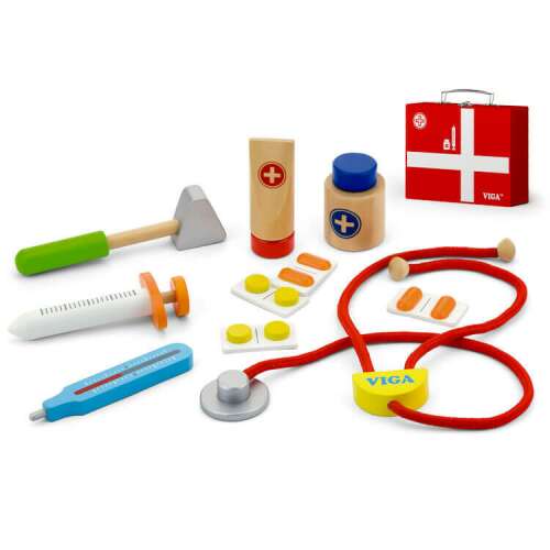 Viga fa orvosi játék készlet sztetoszkóppal, lázmérővel, fecskendővel, tablettákkal és még sok mással