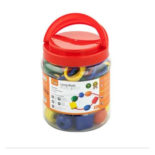 Schnürperlen für Kinder, 30 bunte Holzperlen in einem Plastikbehälter mit Deckel, ideal zur Entwicklung der Feinmotorik und Kreativität