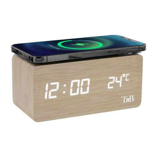 TNB JOY wooden alarm clock with wireless charging and LED display