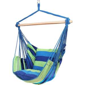 Timeless Tools hanging chair with cushion, blue and green striped, for indoor and outdoor use - Hanging Chair