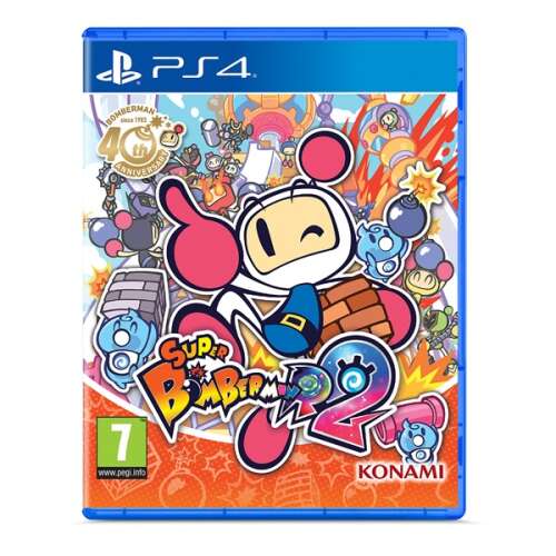 Jocul Super Bomberman R2 pentru PS4, prezentând Bomberman și alte personaje pe un fundal colorat