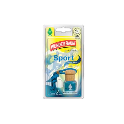 Osvěžovač vzduchu do auta Wunder-Baum Sport, modrá fľaša s dreveným uzáverom, vydrží týždne