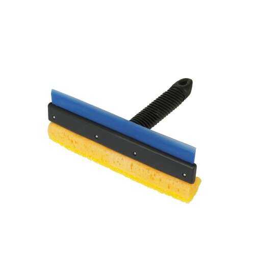 Window cleaning tool with rubber blade and sponge, short handle