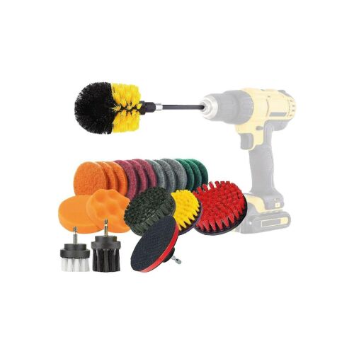 22-piece drill brush cleaning kit with various brush heads and pads