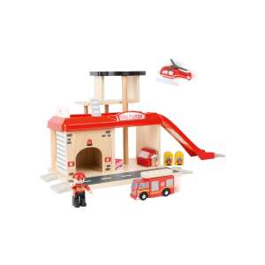 Set de joacă stație de pompieri Small Foot din lemn, cu camion de pompieri, elicopter, pompier și accesorii - Tren, element feroviar, autostradă