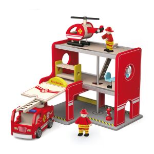 VIGA Feuerwehrhaus Spielset aus Holz mit Feuerwehrauto und Hubschrauber - Entwicklungsspiele für Kinder im Kindergartenalter