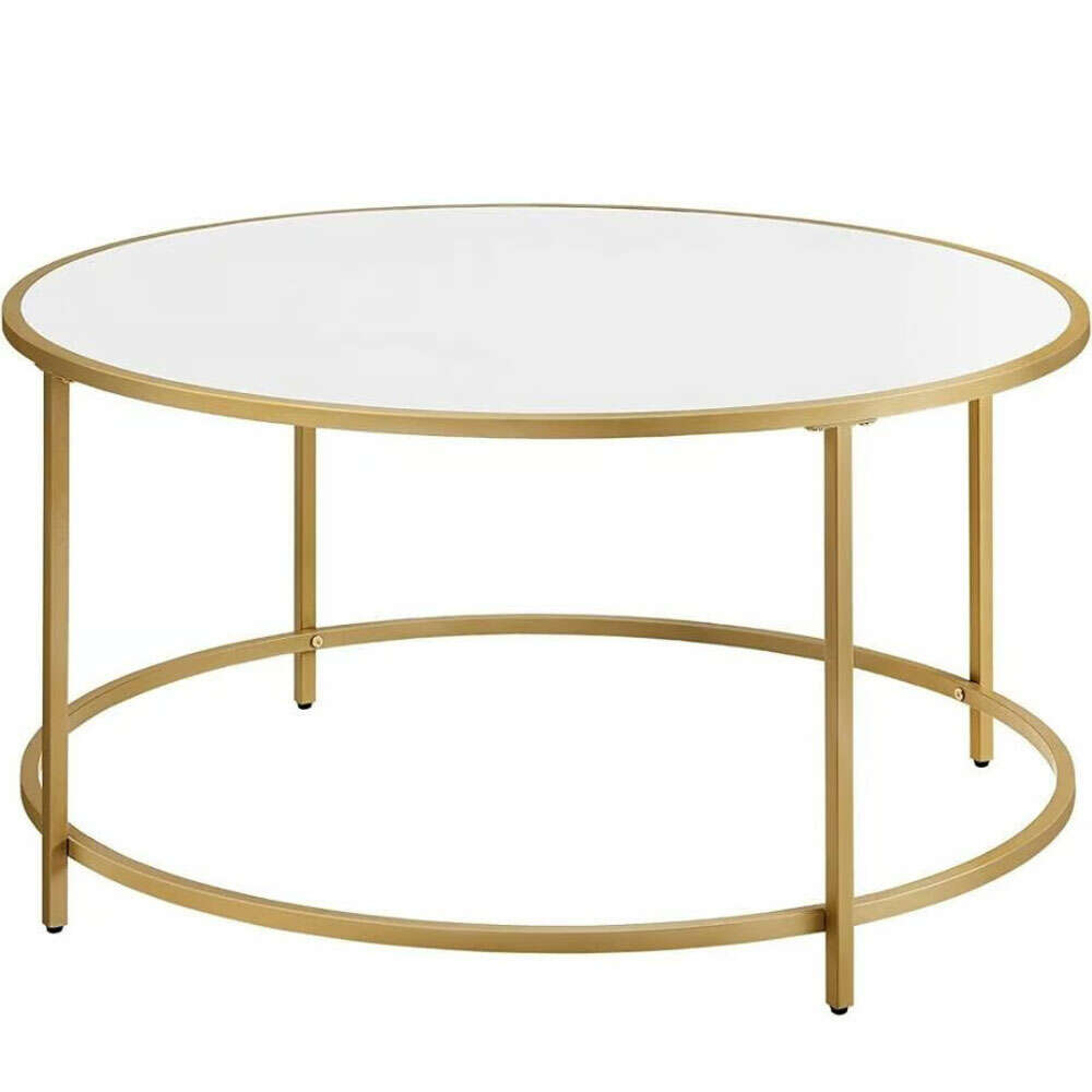 VASAGLE Round Coffee Table, Tempered Glass with Metal Frame, 84x84x45cm, Gold