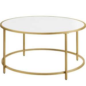 VASAGLE round coffee table with gold metal frame and tempered glass top - Living Room Furniture
