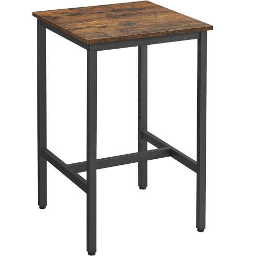 VASAGLE Bárasztal konyha, négyzet alakú, magas, acél váz, 60x60x92cm, ipari stílus, rusztikus barna és fekete