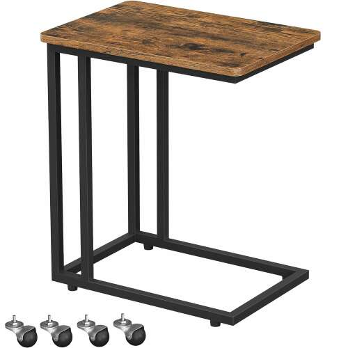 VASAGLE Dohányzóasztal, acélvázzal és kerekekkel, 35x50x60cm, ipari, rusztikus barna és fekete