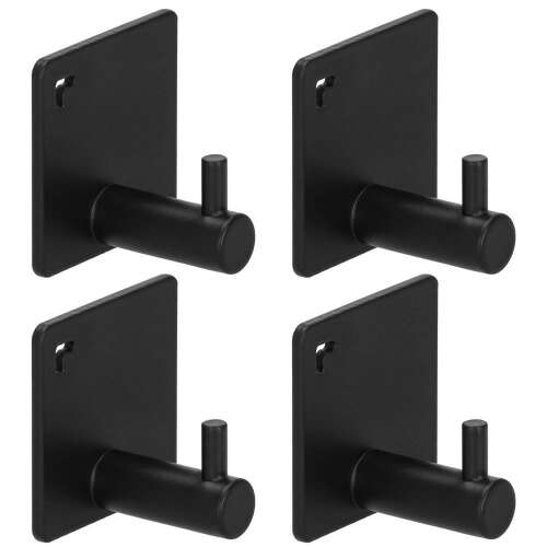 Set of 4 black aluminum hooks for hanging towels, robes, or other items in the bathroom