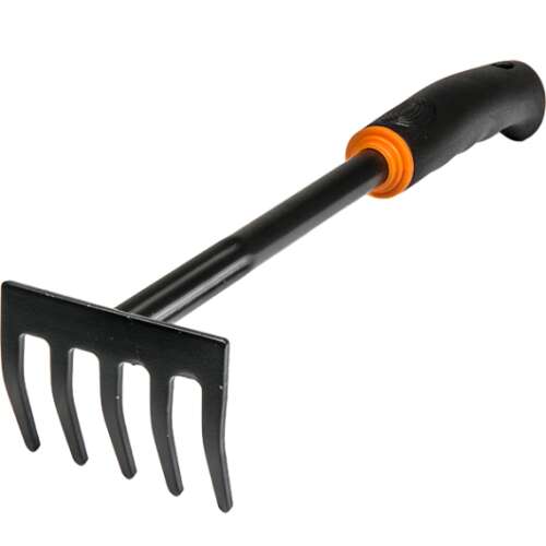 DE LUXE 5-prong garden rake with black steel head and orange ergonomic handle