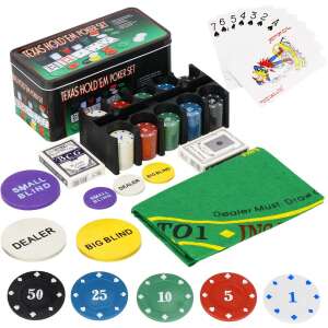 Set de Poker Complex cu 200 de jetoane, covoras verde, 2 seturi de carti, in cutie metalica 85163080 Jocuri interactive pentru copii
