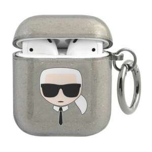 Etui na słuchawki AirPods Karl Lagerfeld z nadrukiem głowy Karla, czarny brokat, z brelokiem - Zestaw słuchawkowy