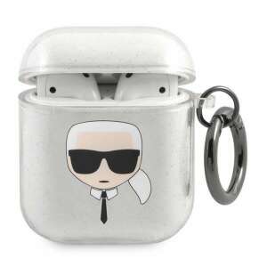 Etui na słuchawki AirPods Karl Lagerfeld z błyskotkami i wzorem głowy Karla, srebrne, z kółkiem do przypięcia do torby lub breloka - Zestaw słuchawkowy