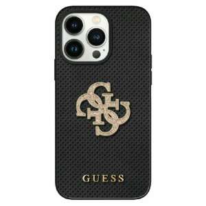 Black Guess iPhone 15 case with perforated leather and a gold glitter logo - Guess