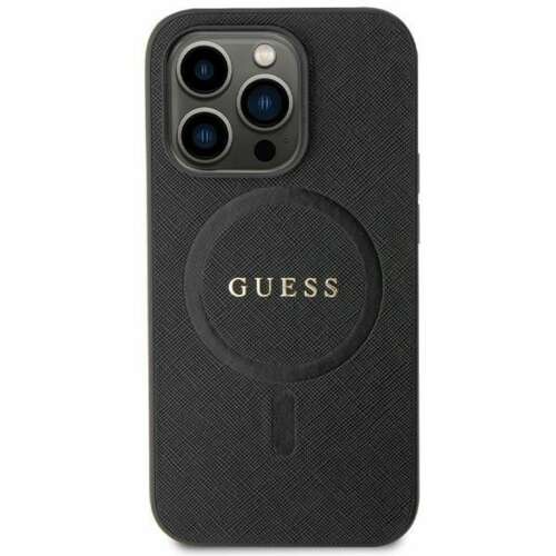 Schwarzes Guess Saffiano MagSafe iPhone 13 Pro Max Case mit goldenem Logo
