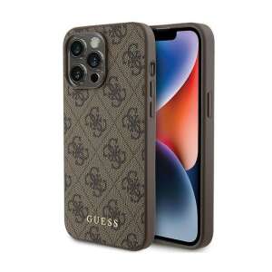 Guess 4G Metal Gold Logo iPhone 15 Pro Max Case, brown, protective case with Guess logo, front and back view - Guess Phone Case