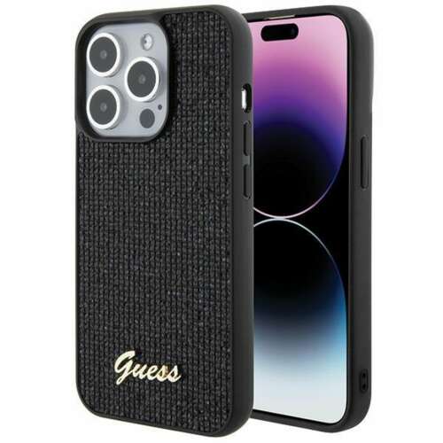 Guess Disco Metal Script iPhone 15 Pro Hülle, schwarz, mit Glitzer