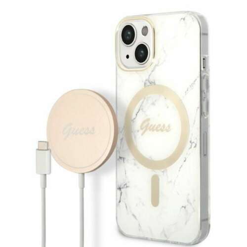 Set original GUESS GUBPP14MHMEACSH pentru iPhone 14 Plus (pachet Magsafe: husa + incarcator / marmura IMG / auriu - alb)